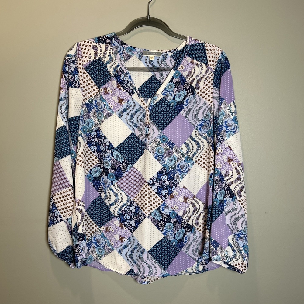 Anthropologie Pleione Blouse Large Purple Floral Patchwork Cottage core Hippie